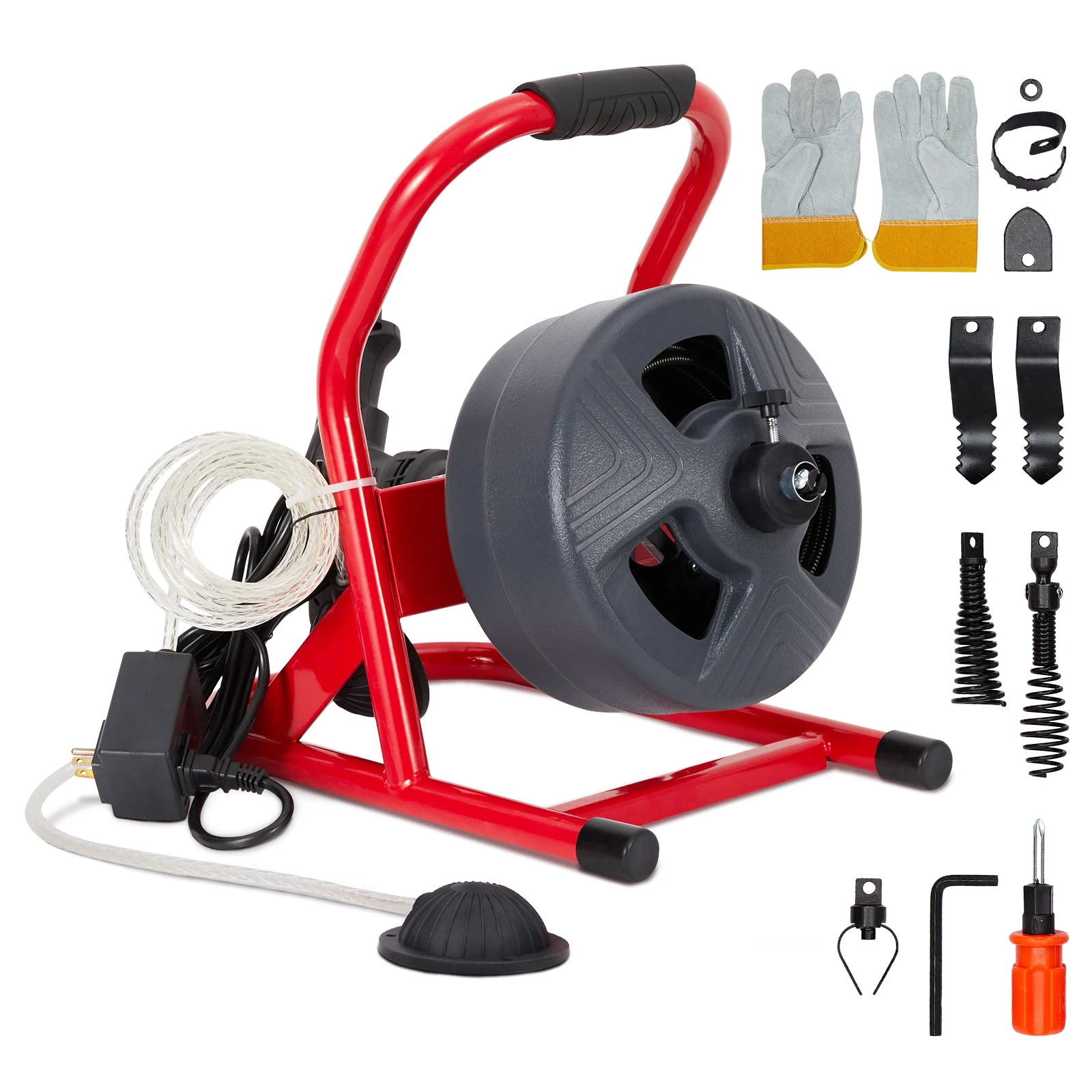 50Ft x 5/16 Inch Drain Cleaner Machine, Drain Auger Professional for 3/4 to 3 Inch Pipes, Foot Switch with 6 Cutters, Glove, Drain Auger Cleaner Sewer Snake