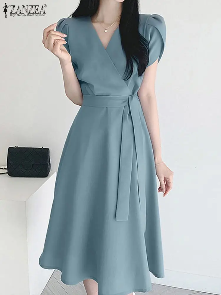 Summer Short Sleeve Sundress ZANZEA Women Elegant V Neck Party Dress 2023 Fashion OL Work Mid-calf Vestido Robe Femme Kaftan