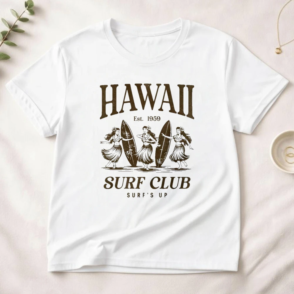 Hawaii Est 1959 Surf Club Surfs Up Travel Hula T-Shirt Womens Cotton Short-sleeve Tees Fun Hawaii Aloha Hula Girl Graphic Tops