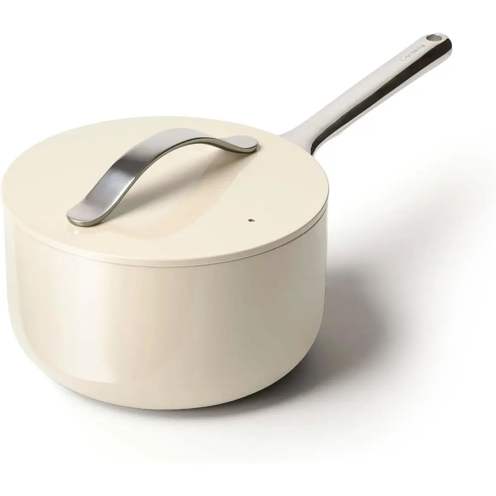 

3-Quart Nonstick Ceramic Saucepan with Lid - Safe, PTFE and PFOA-Free, Oven Safe, Suitable for All Cooktops - Cream