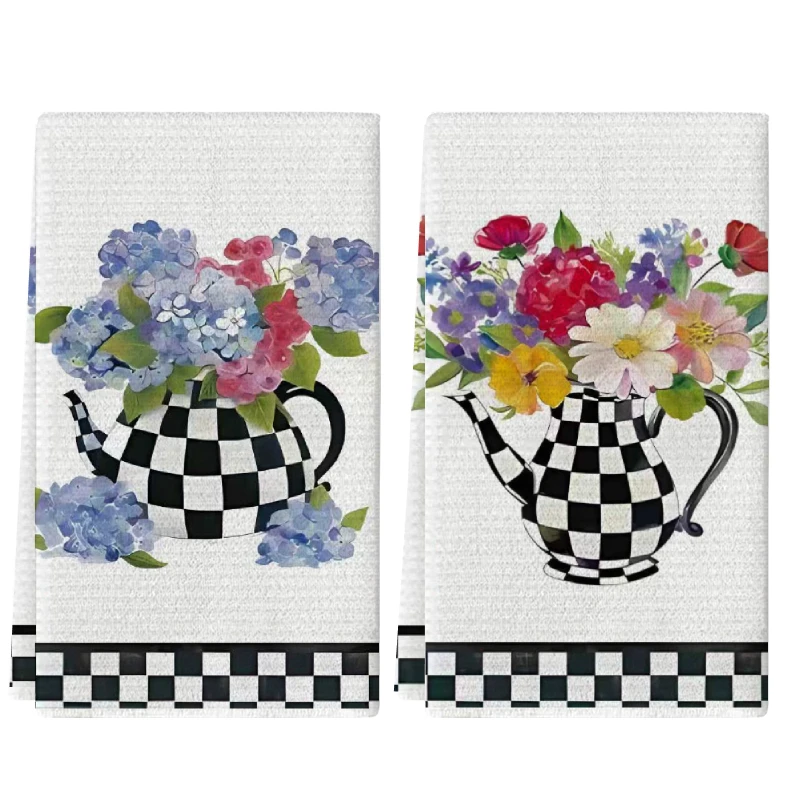 2Pcs, Black and White Checkered Teapot Hydrangea Kitchen Towel, 40Cm*60Cm Towel Set, Best Kitchen Towel, Super Absorbent Soft Cleaning Cloth, Cooking and Baking Tea Towel, Hand Towel, Cleaning Cloth, Dishwashing Cloth, Kitchen Decoration, Living Room Decoration, Kitchen Essentials, Home Essentials