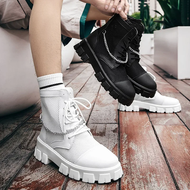 2024 New Summer Men's Boots Thick Bottom Mesh Surface Breathable Hollow Out Chain Short Boot Male Autumn Fashion Casual Shoes