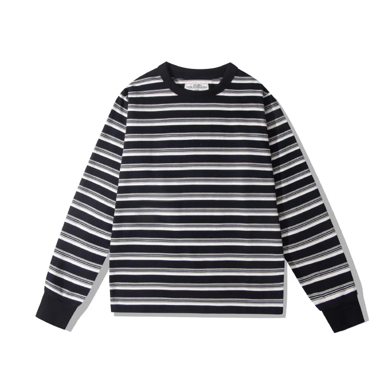 240G Heavyweight Striped Long Sleeve Men's T Shirt Spring Autumn Fashion Good Quality Thick O-Neck Pullover Tees Unisex Tops