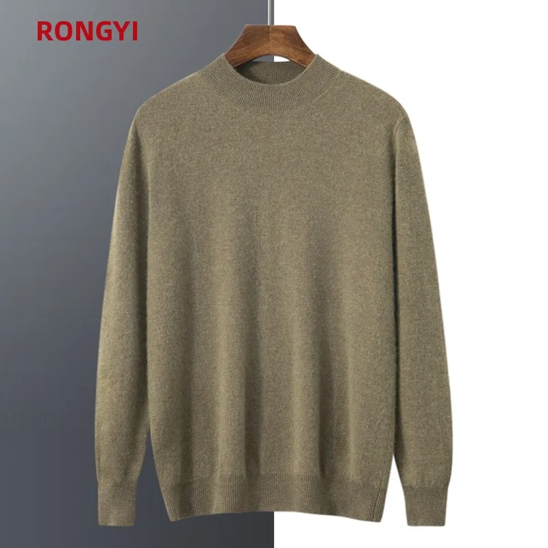 RONGYI Men\'s 100% Goat Cashmere Pullover Half Turtleneck Sweater Autumn and Winter Warm Solid Knit Sweater Business Casual Top