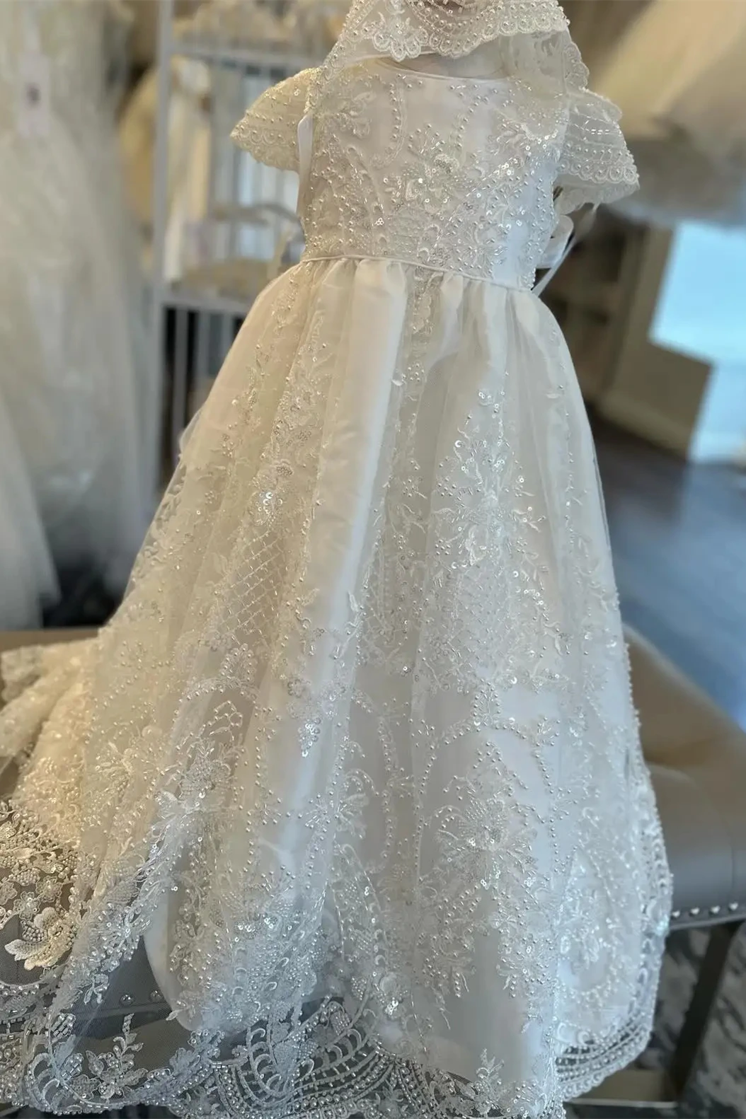 Customized Flower Girl Dress For Wedding Appliques Glitter Pearls Short Sleeve Luxury Kids Birthday First Communion Gown