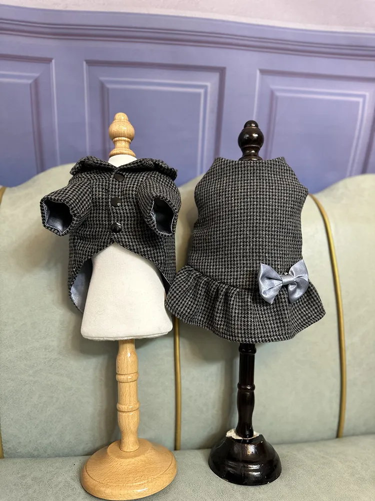 Original Dark Grey Plaid Wool Academy Pet Jacket British Style Couple Winter Clothes for Small Dogs Cats Maltese Pomeranian