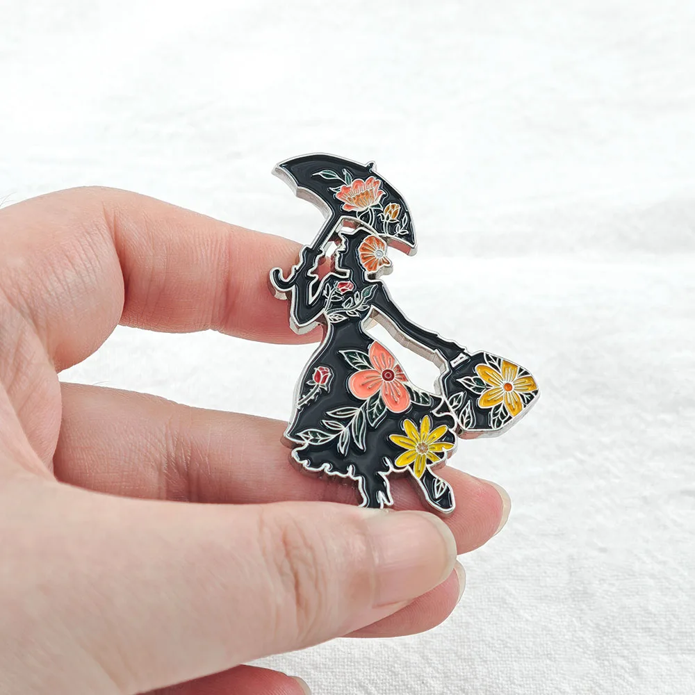 Mary Poppins Emaille-Anstecknadel Klassische Fliegende Regenschirm-Brosche Vintage Silhouette Blumen-Abzeichen Magische Nanny-Anstecknadeln Rucksack-Fans Geschenk – Detail 4