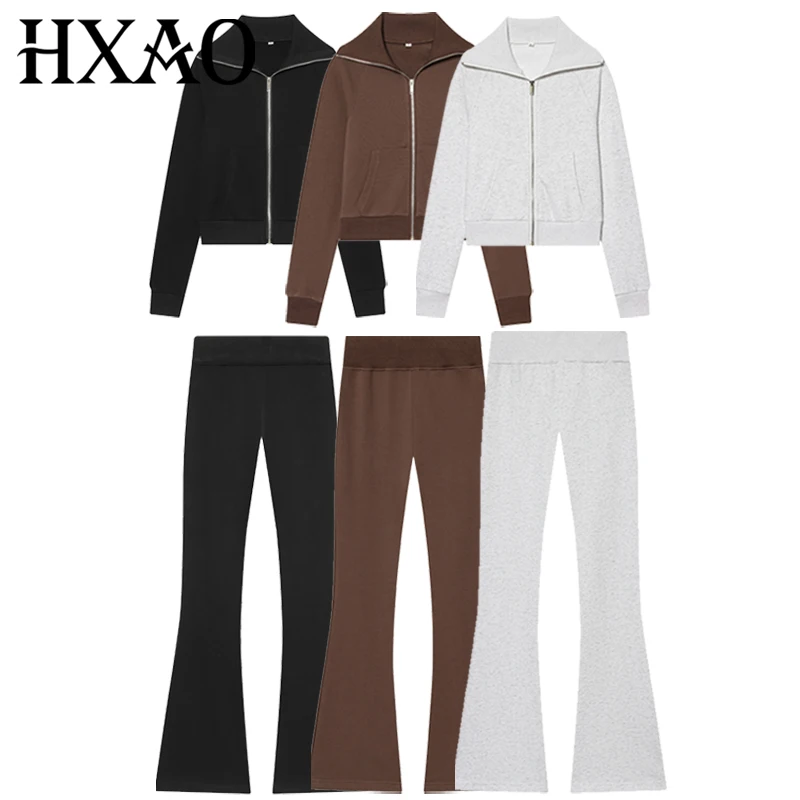 

HXAO женский комплект из двух предметов, флисовые расклешенные брюки, элегантный укороченный жакет на молнии с длинными рукавами, повседневные комплекты брюк с высокой талией