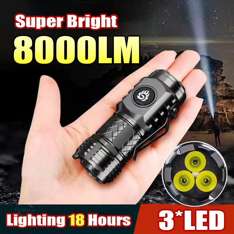 3LED Mini Flashlight Rechargeable Torch Super Bright Waterproof Hiking Camping Fishing Portable Flashlights Work Lamp With Clip