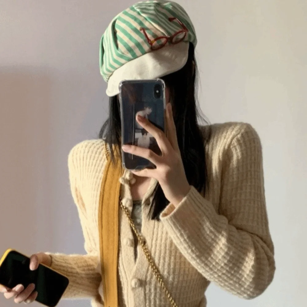 قبعات كورية كلاسيكية مخططة متعددة الاستخدامات قبعات رسام كلاسيكية Y2k قبعة صغيرة غير رسمية للنساء #4