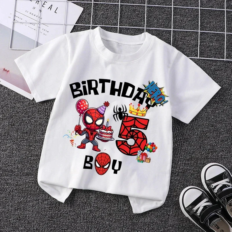 Camisetas de dibujos animados de Spiderman para niños, camisetas de fiesta de cumpleaños para bebés número 1-9, camisetas para niños, camisetas de moda para niños