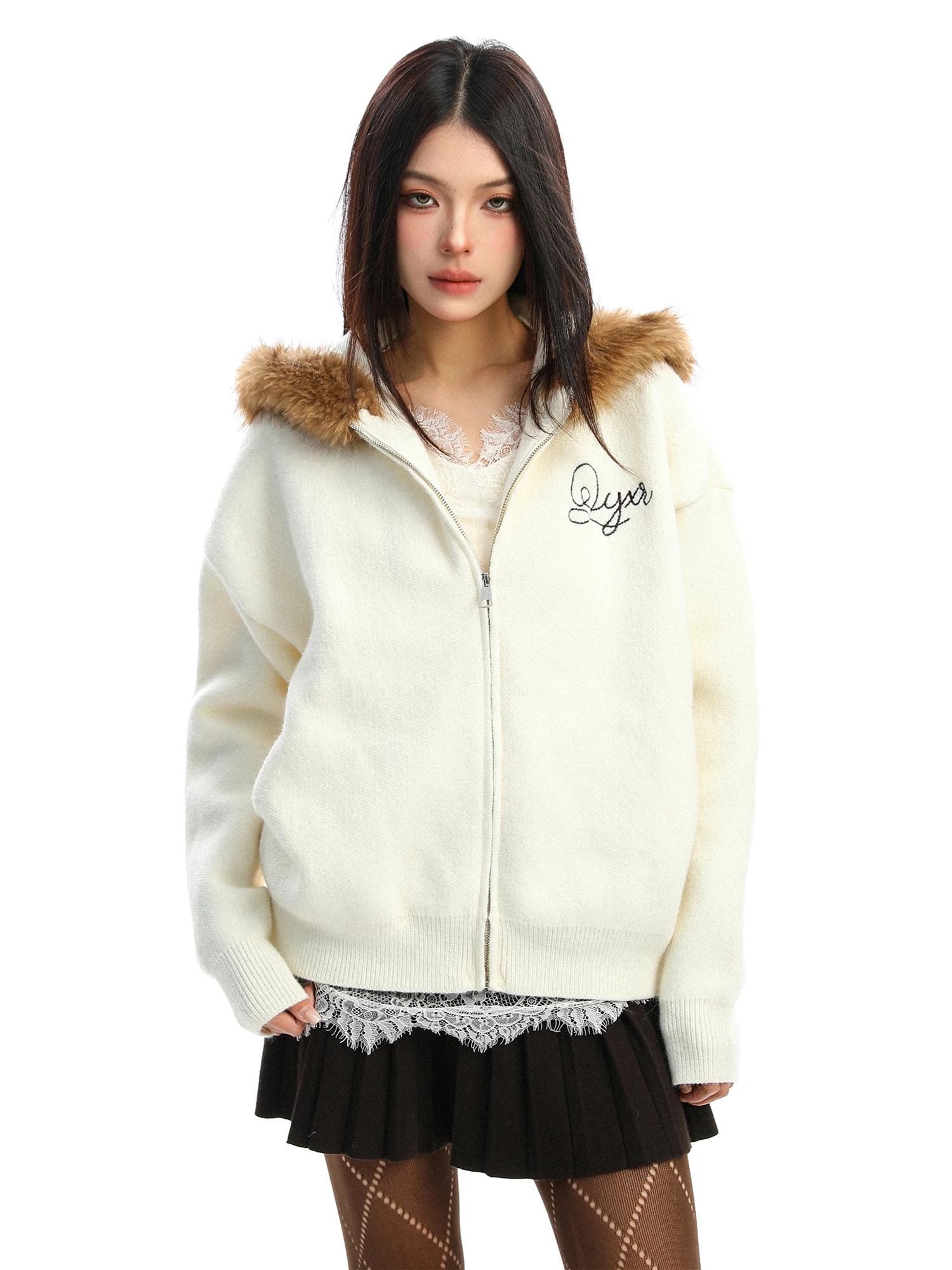 

Женский вязаный свитер с капюшоном и меховым воротником, свободный повседневный осенне-зимний верхний слой, мягкий и уютный женский трикотаж