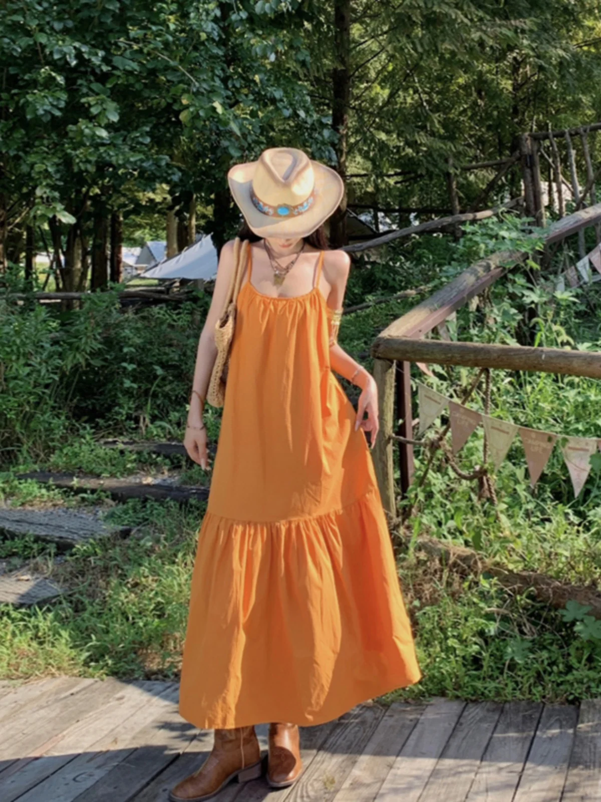 Alça de algodão laranja Dr Vaion solta preguiçosa Sle praia férias saia longa cintura solta fibra de poliéster verão sem Sve rou...