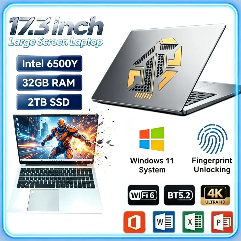 17.3 Inch Intel 6500Y Laptop 32GB RAM 2TB SSD Windows 11 Fingerprint Unlock Notebook For Household Entertainment Web Conference