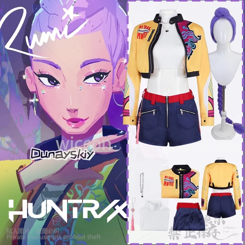 

Anime Movie Demon Kpop Girl Group Cosplay Rumi Singing Costume Yellow Punk Y2K Coat Short Pants Long Wigs Halloween Party Cos