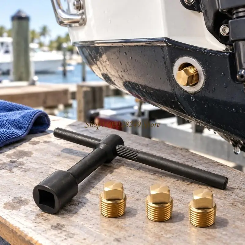 N5KD 1/2NPT Boat Drain Closure with 3 Brass Threaded Caps Included Operating Wrench for Routine Drain Port Installation