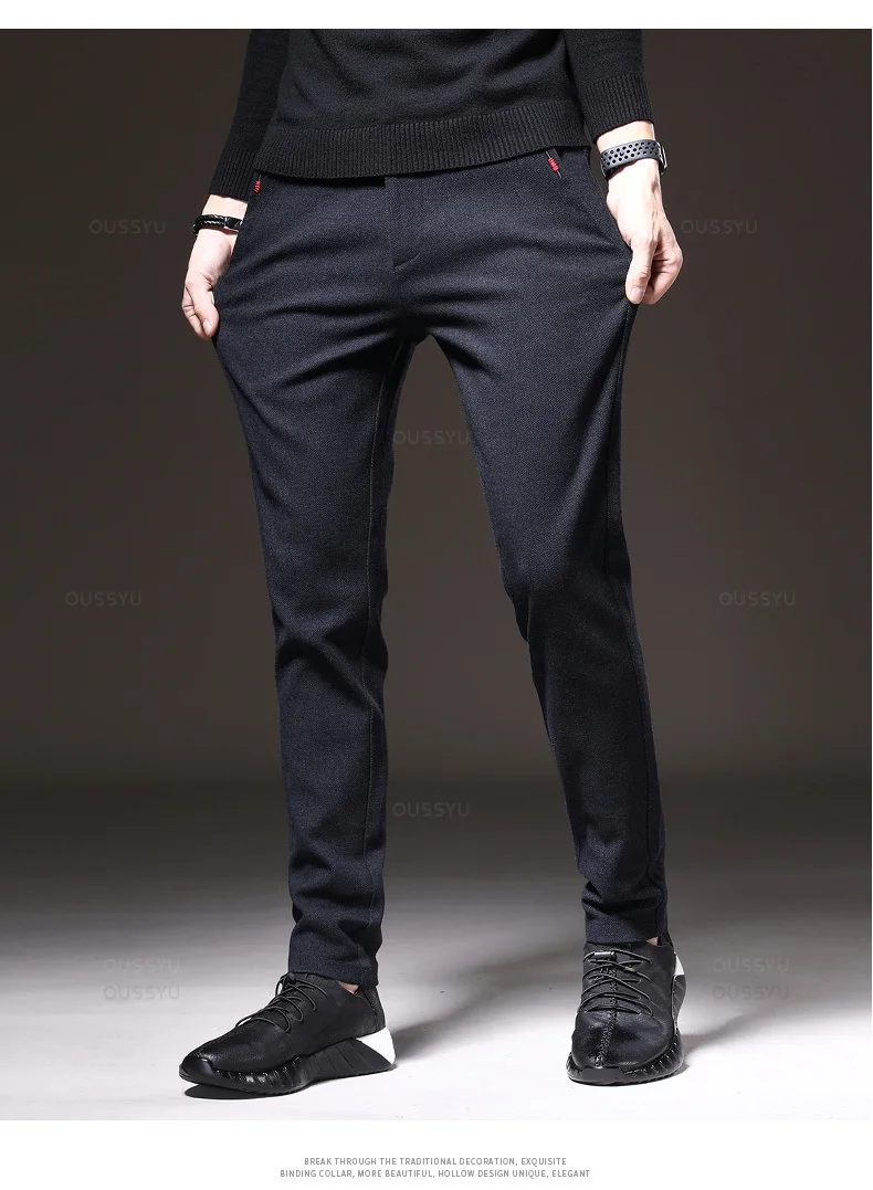Autumn Winter Men's Casual Pants Solid Color Business Elastic Waist Slim Fit Stretch Thick Gray Black Blue Cotton Trousers Male 18 Sff258e61c3a84916bd689858d3fa34a4O