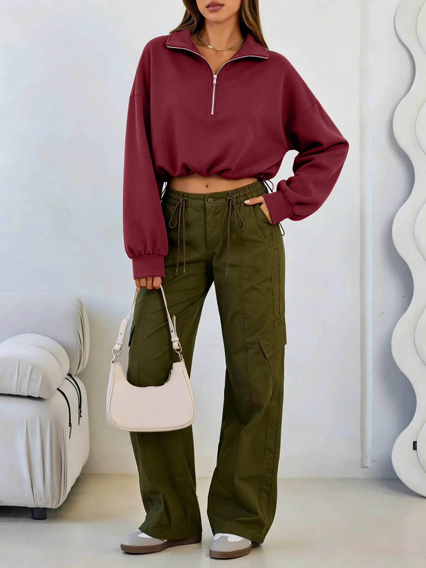 Women Half Zip Sweatshirt Cropped Pullover Oversized Long Sleeve Drawstring Hem Hoodie Y2K Athletic Sportswear