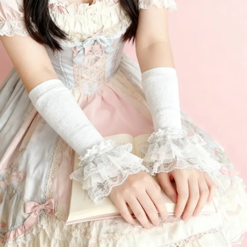 

Lace Ruffles Arm Sleeve Lolita Multi Layer Lace Knitted Sleeve Cover Fingerless Mittens Covered Detachable Sleeves Fake Cuffs