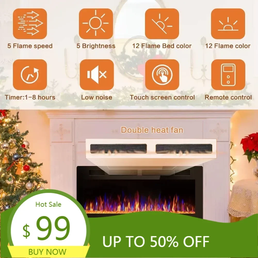 72인치 벽걸이형 슬림 전기 벽난로 (벽 내장형 디자인 및 다채로운 불꽃 기능 포함)