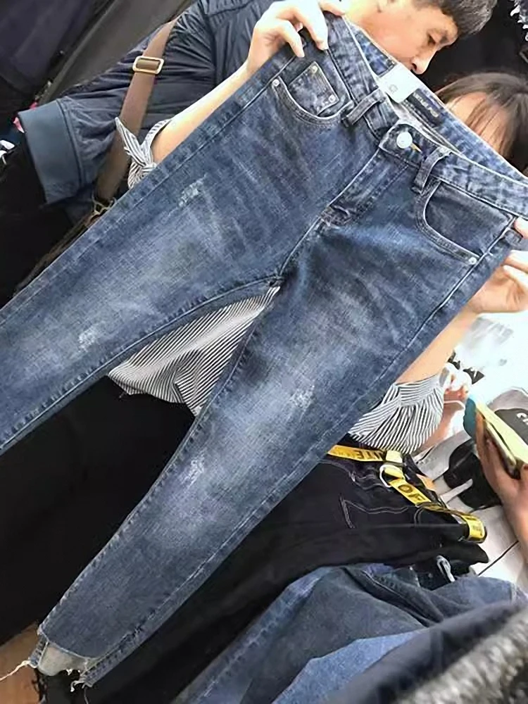 

Slim Fit High Waist Cotton Stretch Denim Pants Autumn Winter Women's Faion Tear Hole Split Nine Points Jeans Elastic Casual...