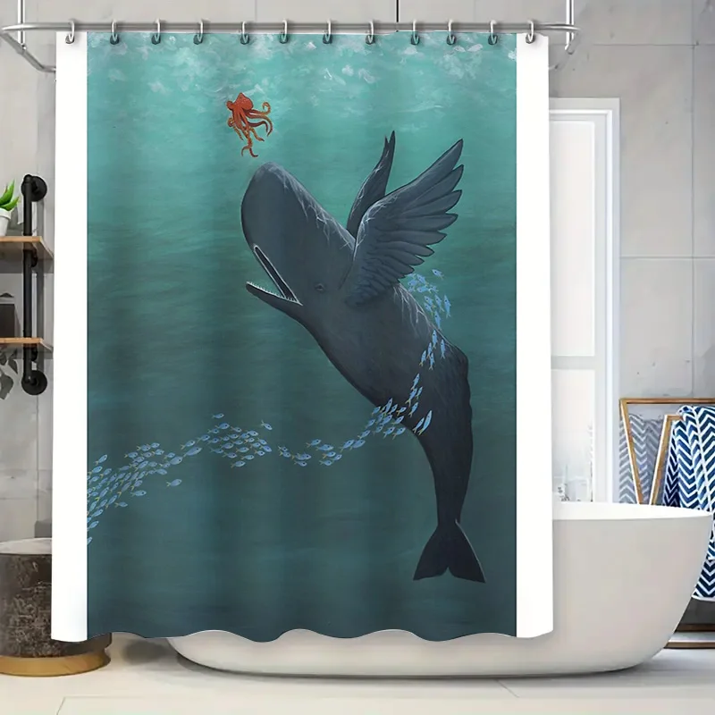 

Занавеска для душа с изображением Кита и океана, декор морской жизни, синий узор кита, занавески для ванной комнаты, водонепроницаемые морские животные с принтом, домашний декор