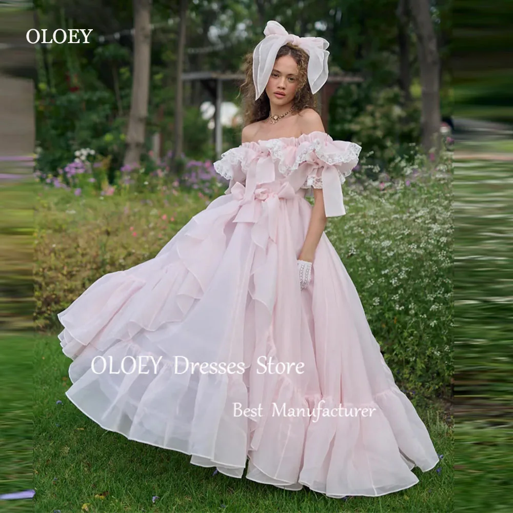 

OLOEY Princess Baby Pink Organza Evening Dresses Ruffles Wedding Party Off Shoulder Short Sleeves Birthday Formal Party Dress