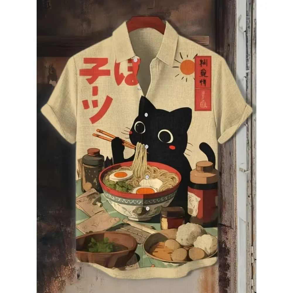 

Men's Japanese Art Black Cat Egyptian Catprint Short Sleeve Shirt Tops Fashion Summer Retro Old School Streetwear Blouse Tops