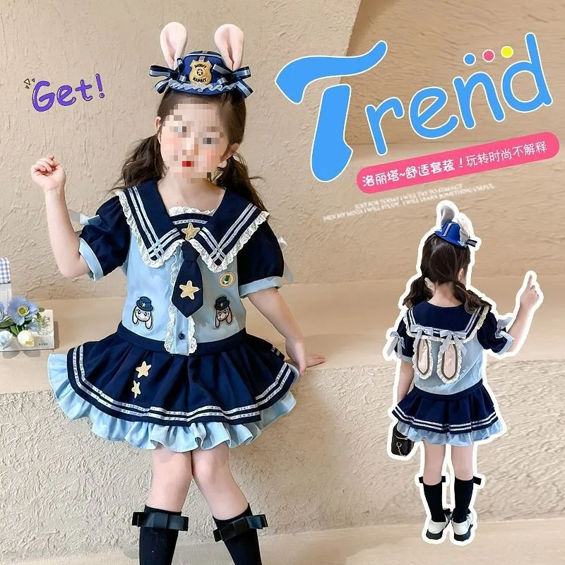 

Anime 2Pcs Zootopia Judy Children Jk Set Summer New Doll Collar Shirt Pleated Skirt T-Shirt Kawaii Cartoon Girls Student Clothes