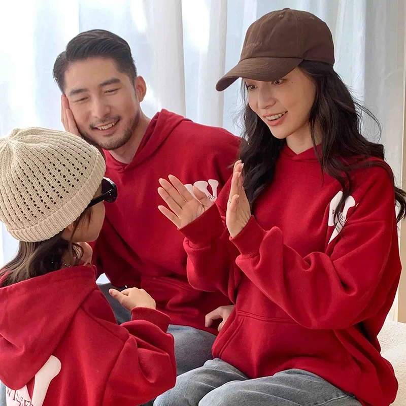 New Year Family Hooded Father Mother Women Dad Baby Daughter Matching Children Mom Warm Hoodies Clothes Winter Red Sweatshirt