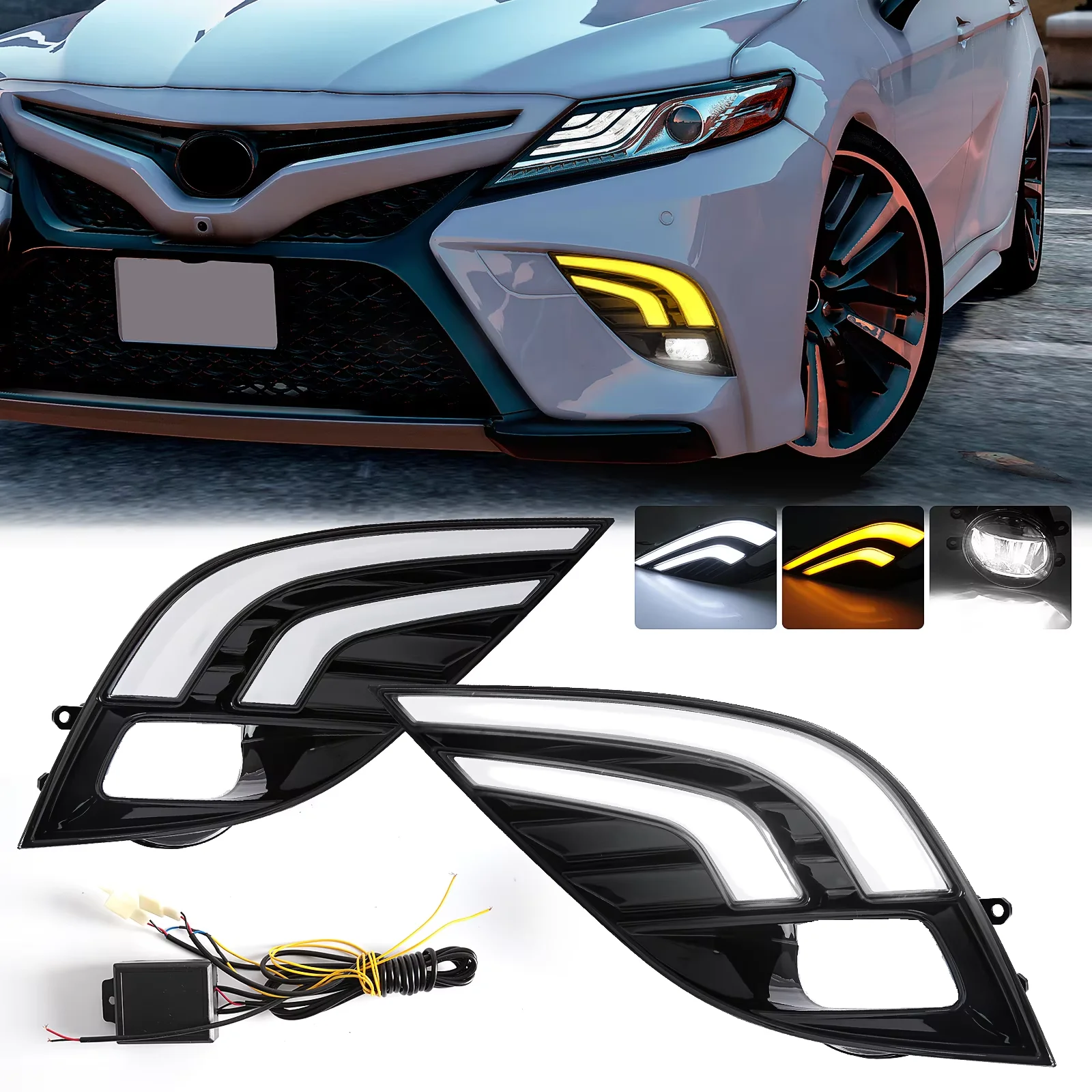2pcs LED DRL For Toyota Camry SE XSE 2018 2019 2020 Daytime Running Light Fog Lamp Assembly Dynamic Turn Signal Light Waterproof