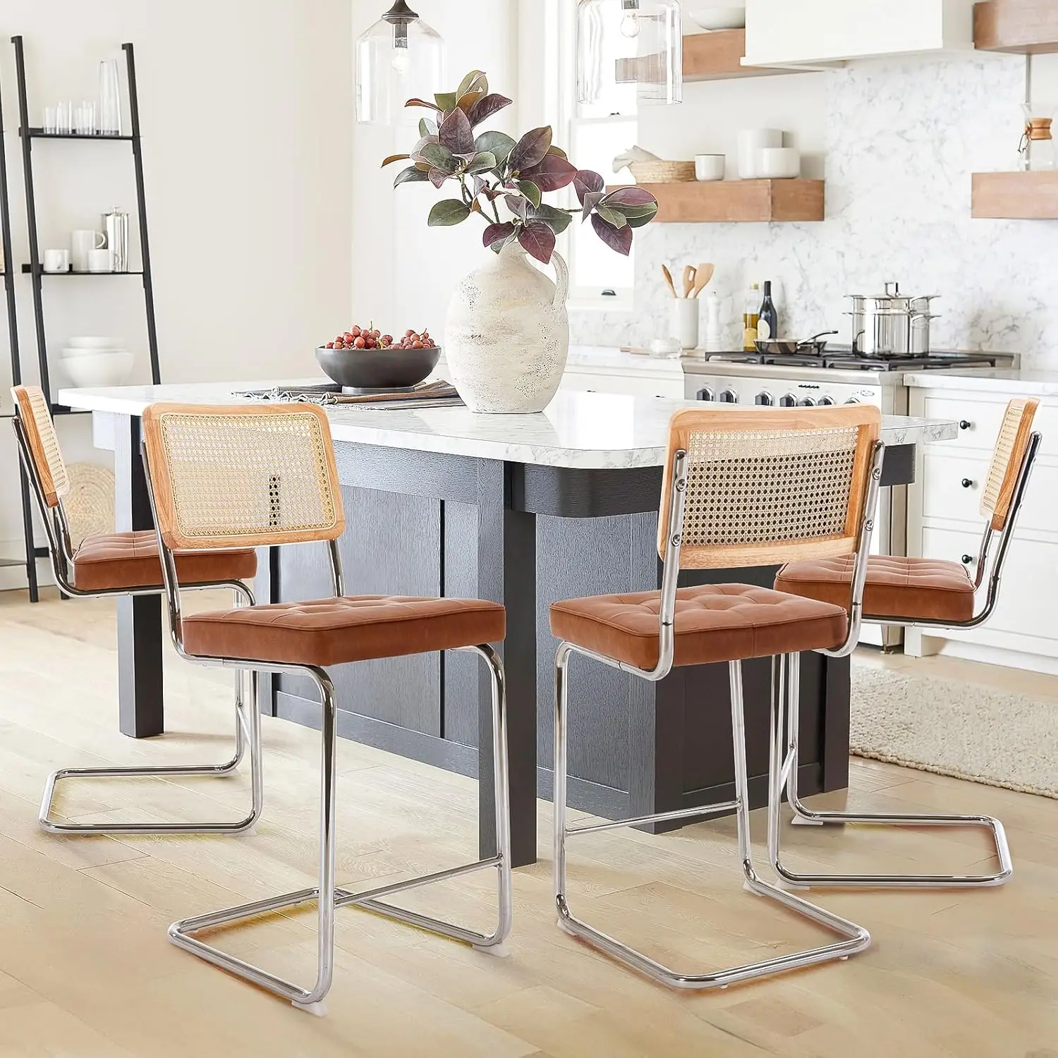 Ensemble de tabourets de bar modernes du milieu du siècle, cuir PU, chaises en rotin, cadre en métal robuste pour salle à manger, 2, 24"