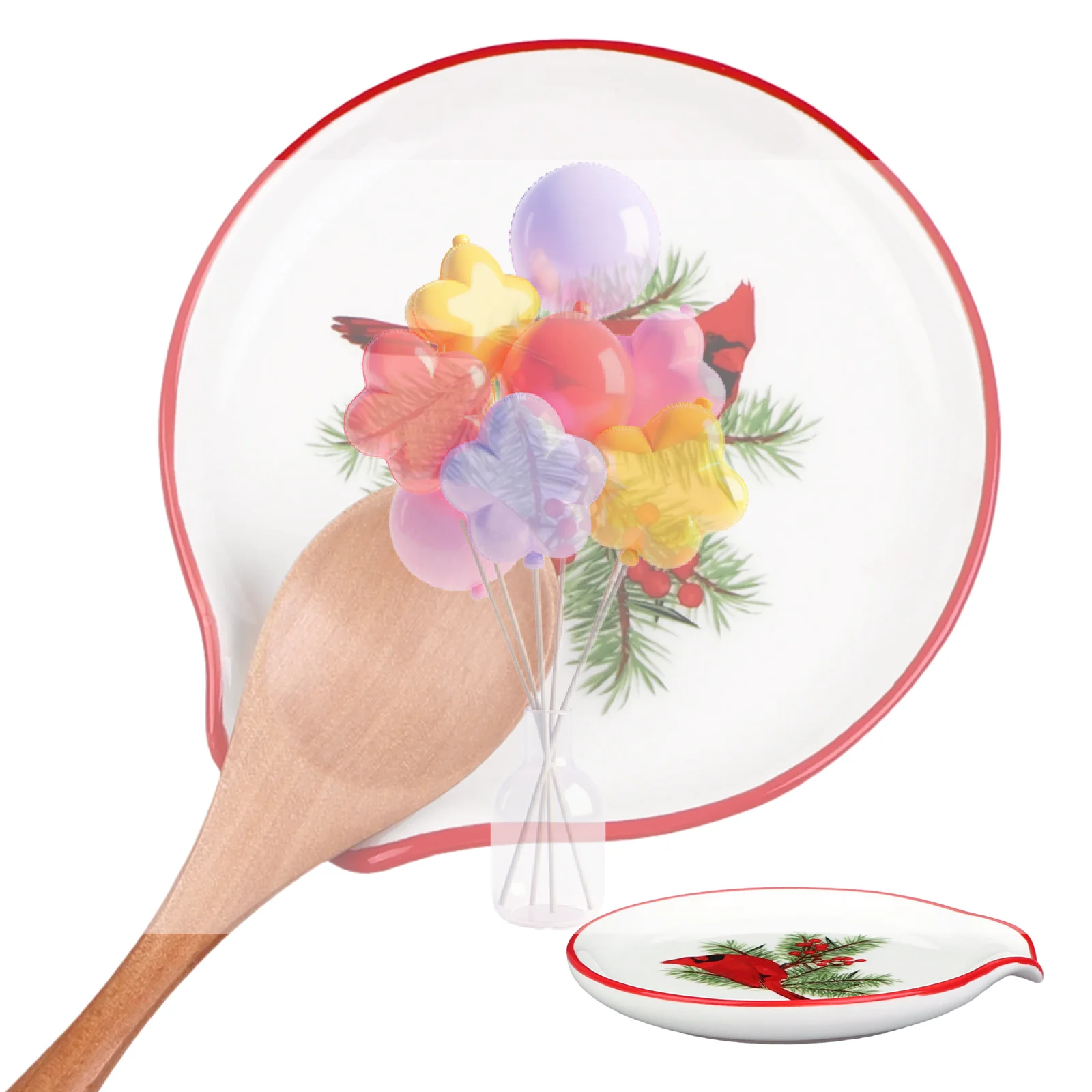 

5,12 дюйма, подставка для рождественской ложки Cardinal, рождественский кухонный декор, красная керамическая подставка для ложки для плиты, зимняя ложка для картофеля с птицами