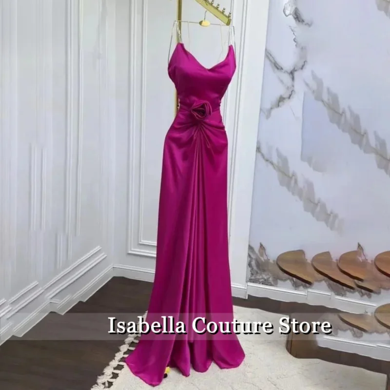 

Isabella Fuchsia Flowers Evening Dress V-Neck Evening Gowns With Pleats Satin Trumpet Sleeveless Party Dress Customized