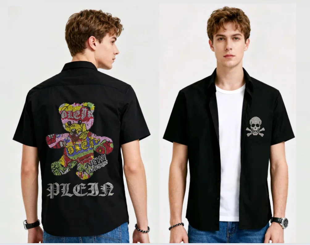 

Men's Summer Handsome Short Sleeve Shirt with Skull Print and Rhinestone Decor Slim Fit shirts