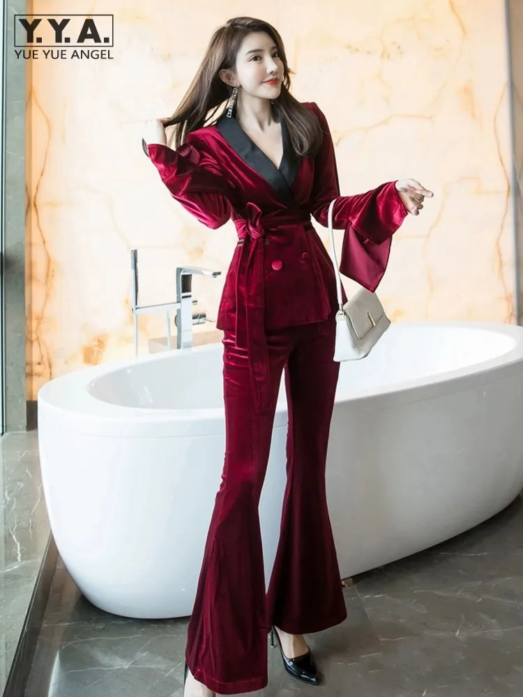 

Autumn New Office Ladies Double Breasted Belt Blazer Coat Flare Pants Two Piece Work Set Elegant Women Slim Fit Velvet Suit Sets