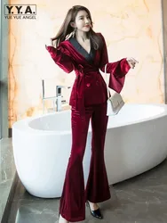 Autumn New Office Ladies Double Breasted Belt Blazer Coat Flare Pants Two Piece Work Set Elegant Women Slim Fit Velvet Suit Sets