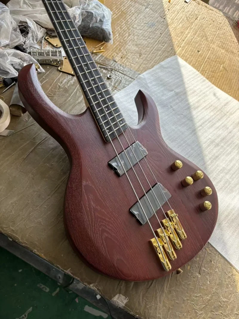 Customized 4-string brown electric bass, rosewood fan-shaped fretboard, gold hardware, active electronic equipment, free shippin