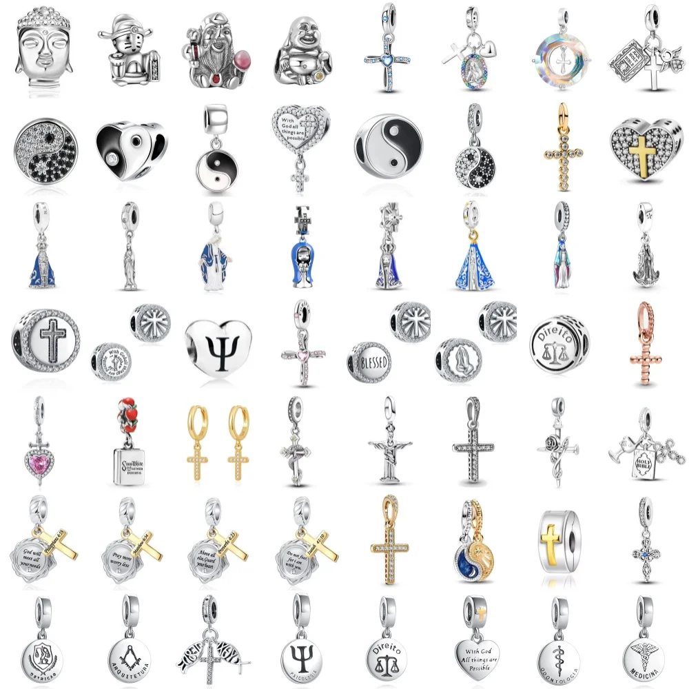 

925Silver feature Holy Maiden Cross Luck Blessing Pendant Tai Chi Buddha head Charm Bead Fit Original Bracelets DIY Jewelry Gift