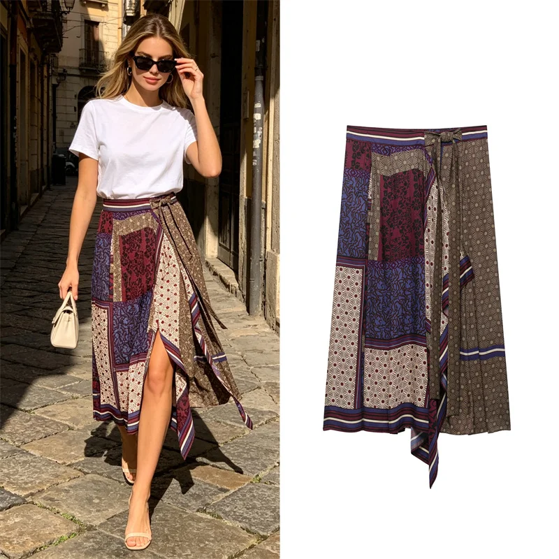 Guobioziy Women's Skirt 2026 Early Fall New Arrival Vintage Fashion Color-Blocked Irregular Splice Printed Wrap Midi Skirt
