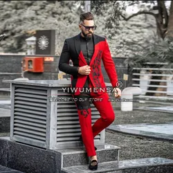 Red Black Men Suits Splicing Color Appliques Jacket Pants 2 Pieces Groom Wedding Tuxedos Male Fashion Prom Blazer Tailor Made