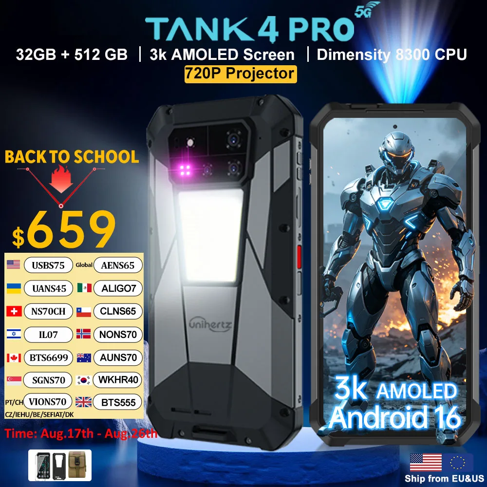 【Weltpremiere】Unihertz by 8849 Tank 4 Pro Smartphone 5G mit 720P-Projektor, Dimensity 8300, 36GB+1TB, 3k AMOLED-Display