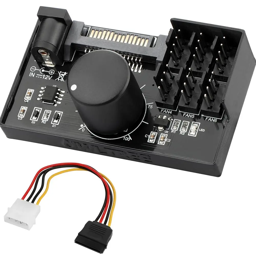 PWM Fan Controller 6 Fans Supported , PC Fan Adapter Hub Powered by SATA and DC 5525, Cooling Fan Speed Knob with Max Total 60W