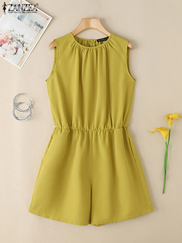 2025 ZANZEA ฤดูร้อนสบายๆเอวยางยืด Playsuits ผู้หญิง Rompers Solid ทํางาน OL Overalls Jumpsuits หลวมกางเกงขากว้าง