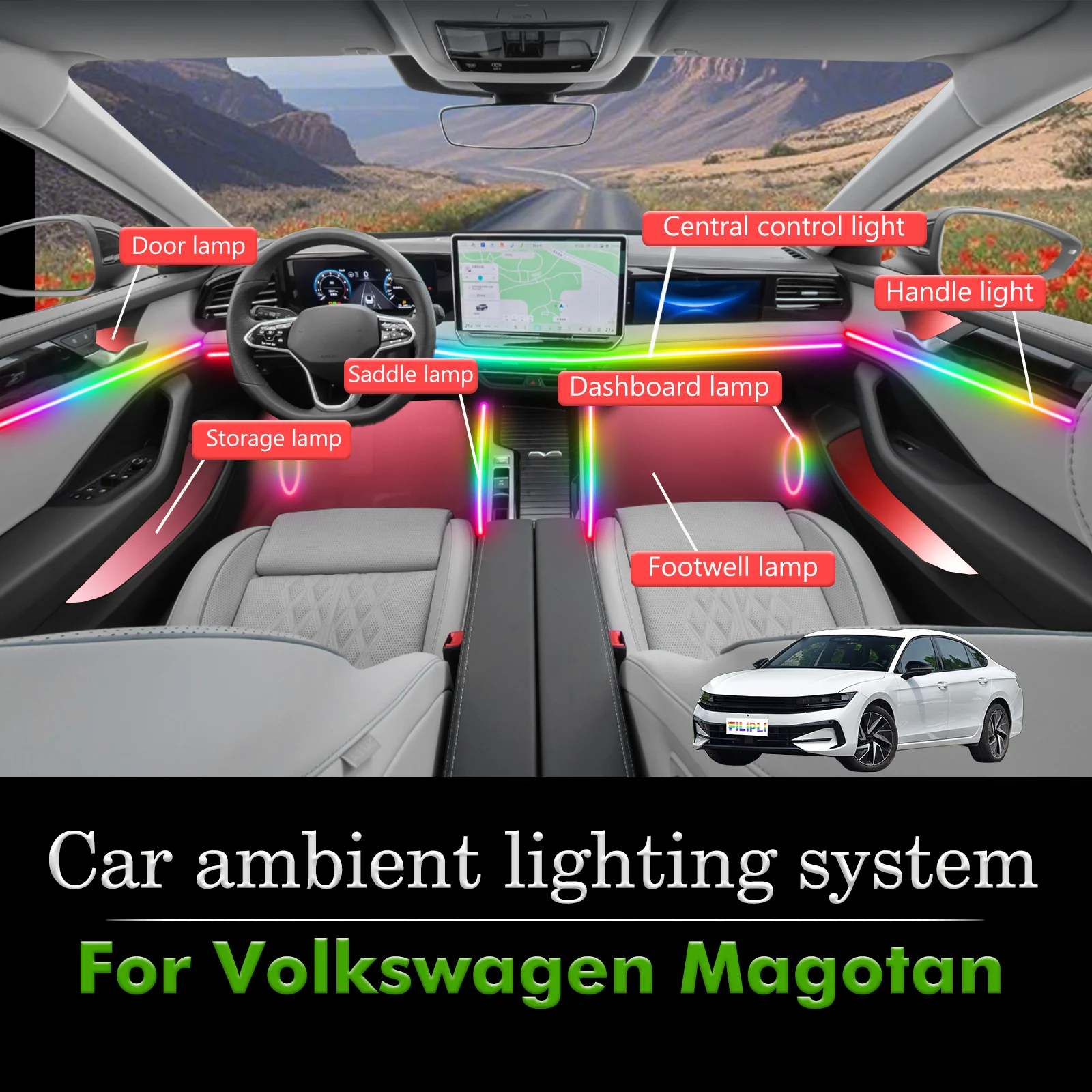 

For Volkswagen Magotan Car Interior Decorative Ambient Light RGB 64-Color LED Smart Remote Control Energy Saving Kit