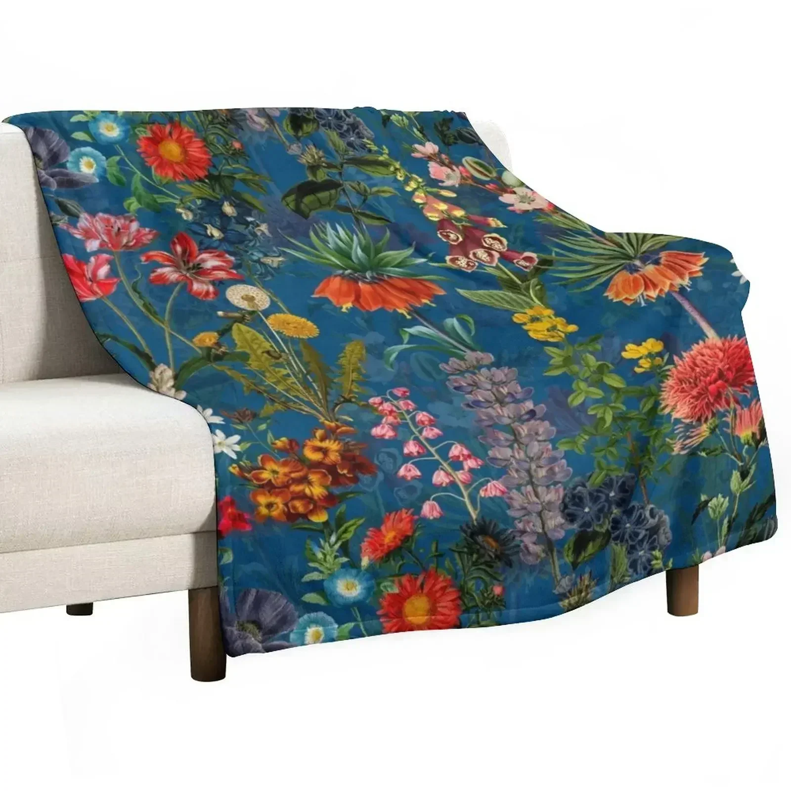 

Vintage Blue Springflower Meadow Night Throw Blanket Luxury Designer Large Blankets