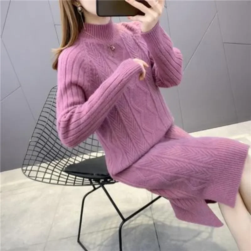 Chique Lange Trui Sweater Dames Bovenkleding 2024 Herfst Winter Nieuwe Innerlijke Trui Halflange Losse Warme Basis Shirt Rok