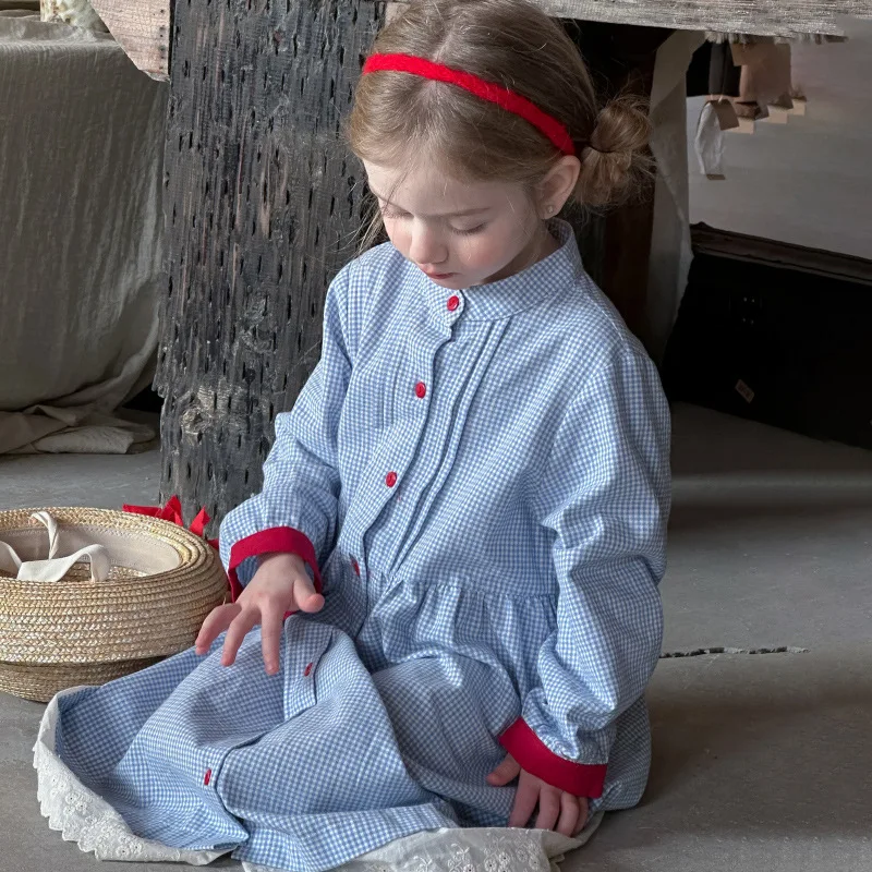 

South Korea2025Spring Vintage Style Round Neck Small Button Loose Casual Plaid Over-the-Knee Long Dress for Girls