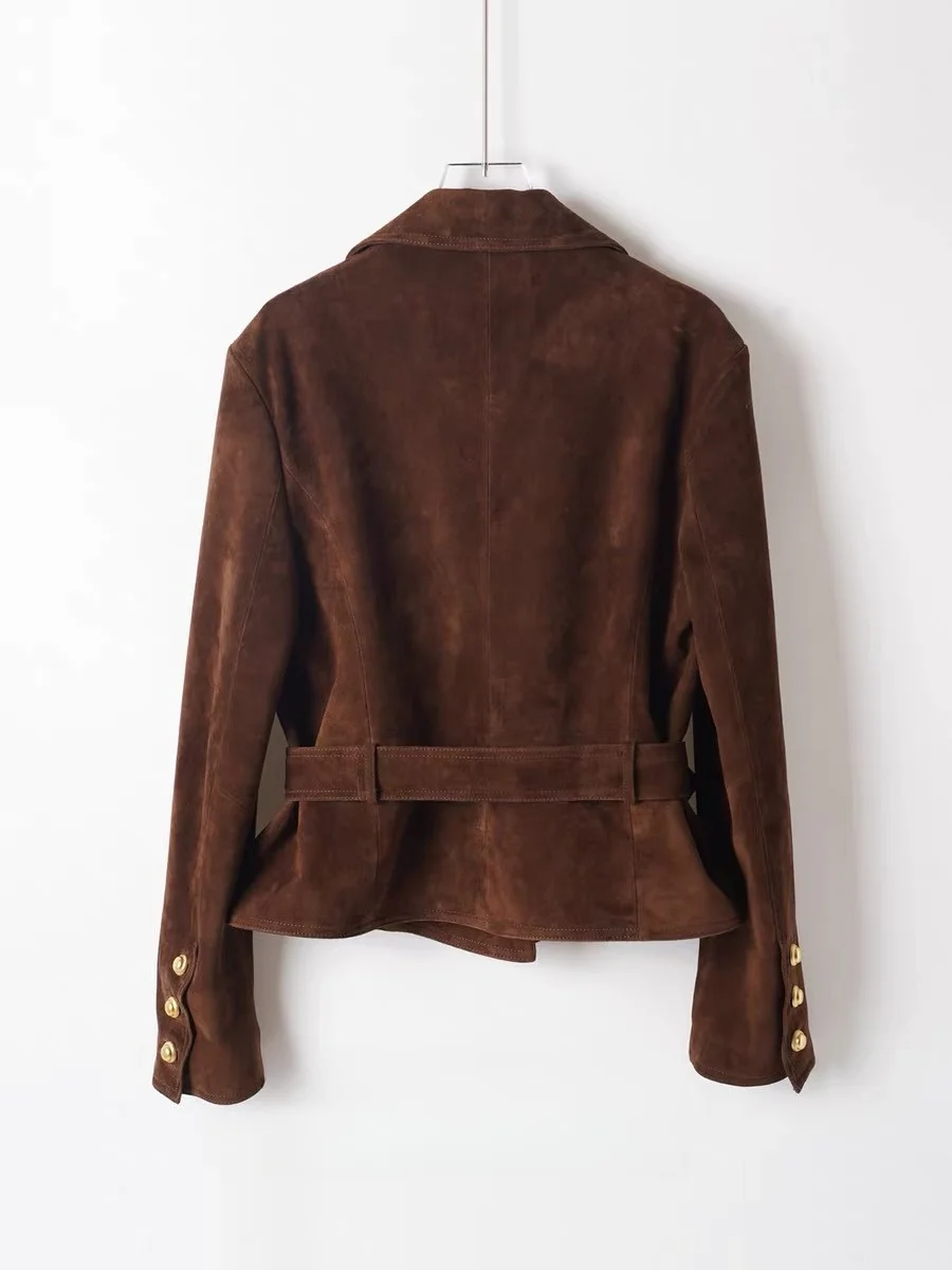 Retro Genuine Suede Leather Jacket for Women Collar Pocket 100% Sheepskin Slim Fit Coat With Belt