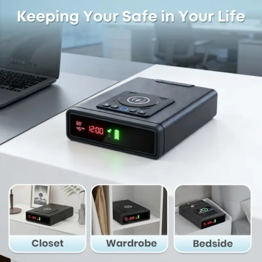 Biometric Fingerprint Gun Safe with Phone and Watch Wireless Charging 3 Quick Access Clock Handgun Safe with Adjustable Brightn view 5